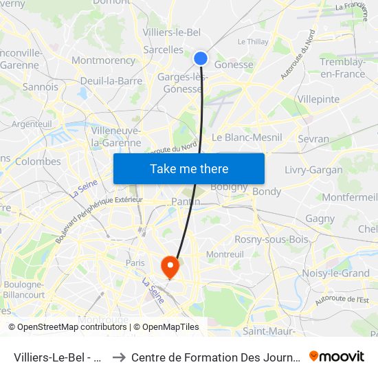 Villiers-Le-Bel - Gonesse - Arnouville to Centre de Formation Des Journalistes - Université Panthéon-Assas map