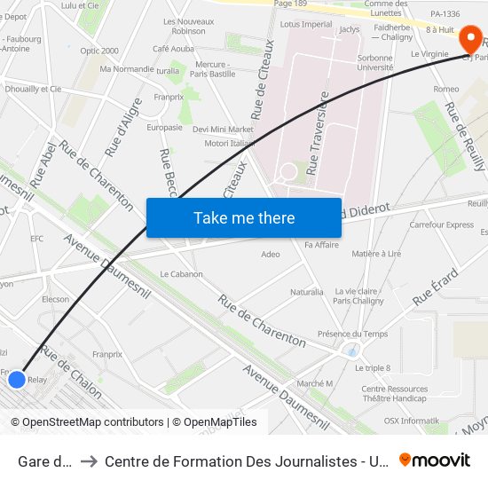 Gare de Lyon to Centre de Formation Des Journalistes - Université Panthéon-Assas map