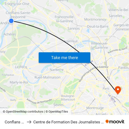 Conflans Fin D'Oise to Centre de Formation Des Journalistes - Université Panthéon-Assas map