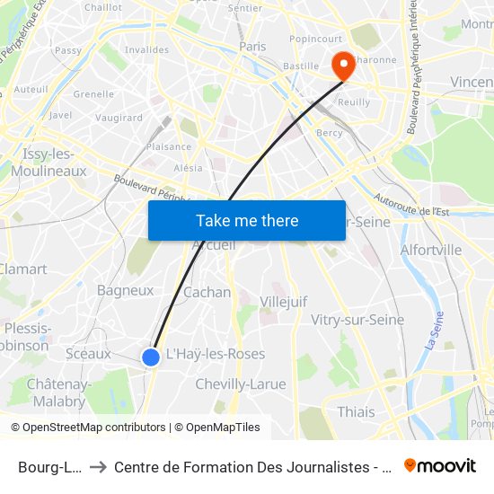 Bourg-La-Reine to Centre de Formation Des Journalistes - Université Panthéon-Assas map