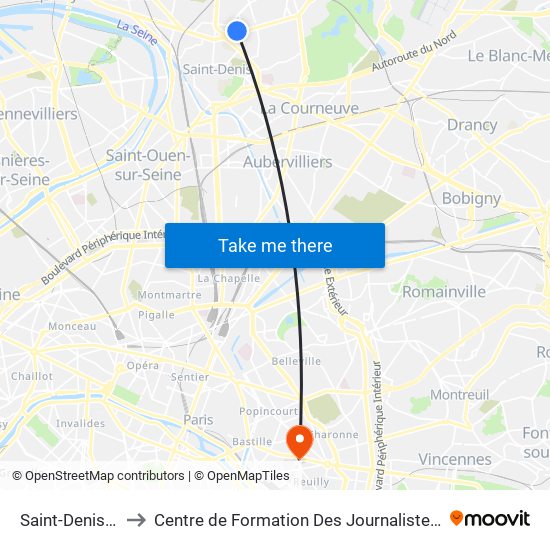 Saint-Denis - Université to Centre de Formation Des Journalistes - Université Panthéon-Assas map