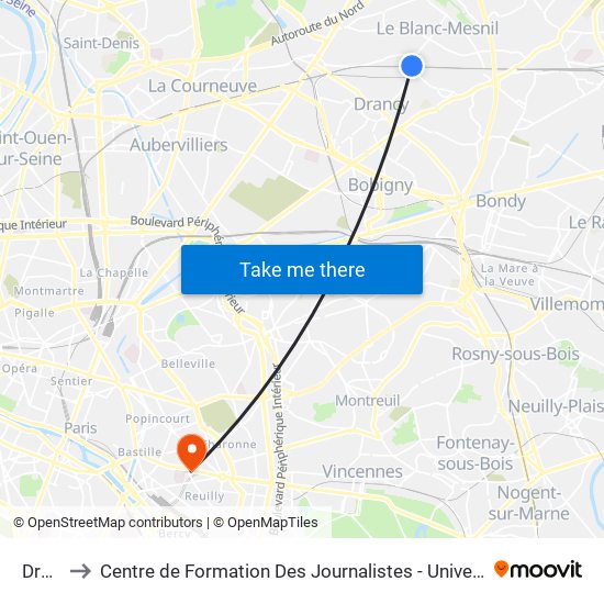 Drancy to Centre de Formation Des Journalistes - Université Panthéon-Assas map