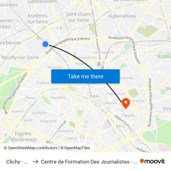 Clichy - Levallois to Centre de Formation Des Journalistes - Université Panthéon-Assas map