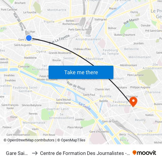 Gare Saint-Lazare to Centre de Formation Des Journalistes - Université Panthéon-Assas map