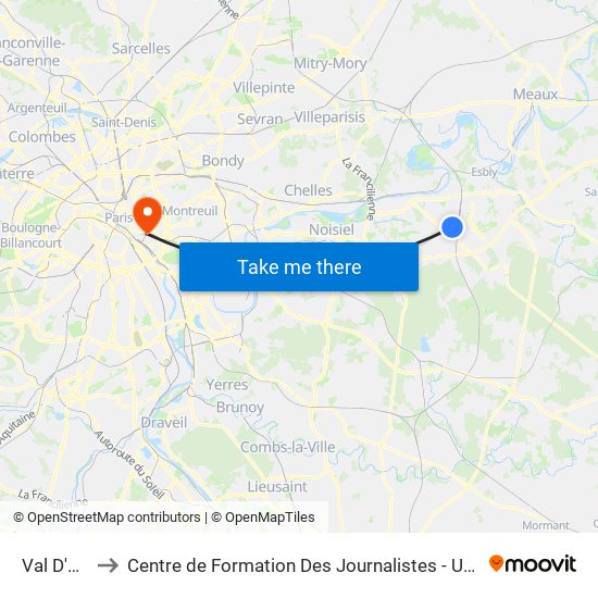 Val D'Europe to Centre de Formation Des Journalistes - Université Panthéon-Assas map