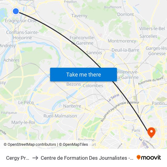 Cergy Préfecture to Centre de Formation Des Journalistes - Université Panthéon-Assas map