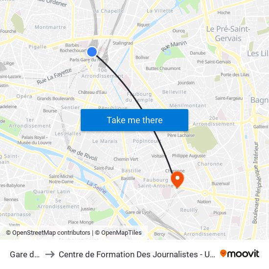 Gare du Nord to Centre de Formation Des Journalistes - Université Panthéon-Assas map