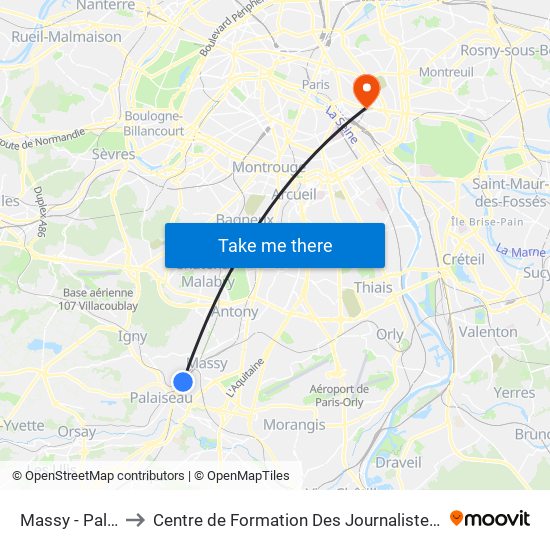 Massy - Palaiseau RER to Centre de Formation Des Journalistes - Université Panthéon-Assas map