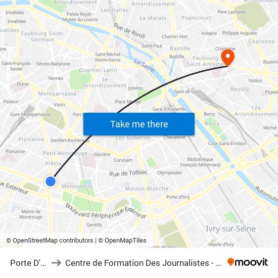 Porte D'Orléans to Centre de Formation Des Journalistes - Université Panthéon-Assas map