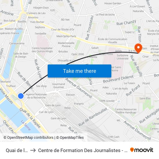 Quai de la Rapée to Centre de Formation Des Journalistes - Université Panthéon-Assas map