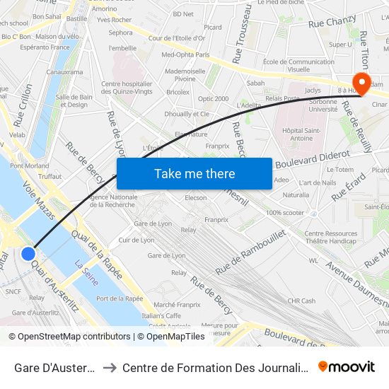 Gare D'Austerlitz - Cour Seine to Centre de Formation Des Journalistes - Université Panthéon-Assas map