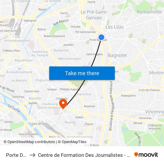 Porte Des Lilas to Centre de Formation Des Journalistes - Université Panthéon-Assas map