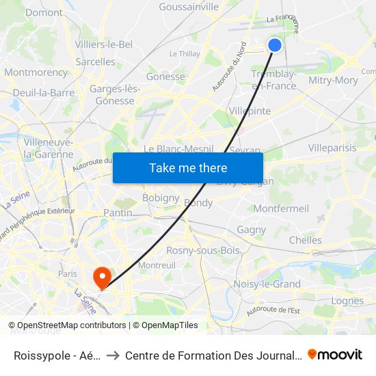 Roissypole - Aéroport Cdg1 (G1) to Centre de Formation Des Journalistes - Université Panthéon-Assas map