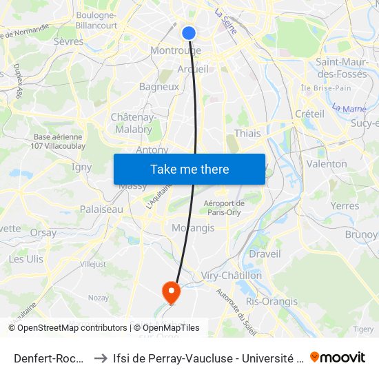 Denfert-Rochereau to Ifsi de Perray-Vaucluse - Université Paris-Saclay map
