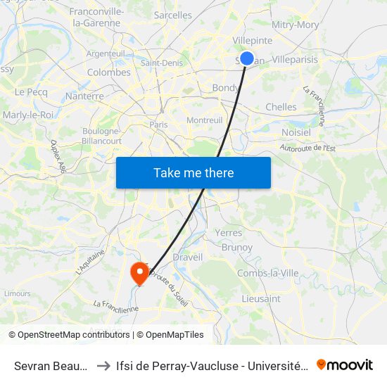 Sevran Beaudottes to Ifsi de Perray-Vaucluse - Université Paris-Saclay map