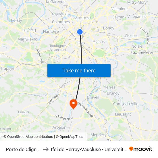 Porte de Clignancourt to Ifsi de Perray-Vaucluse - Université Paris-Saclay map