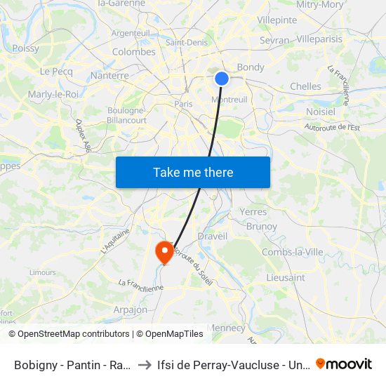 Bobigny - Pantin - Raymond Queneau to Ifsi de Perray-Vaucluse - Université Paris-Saclay map