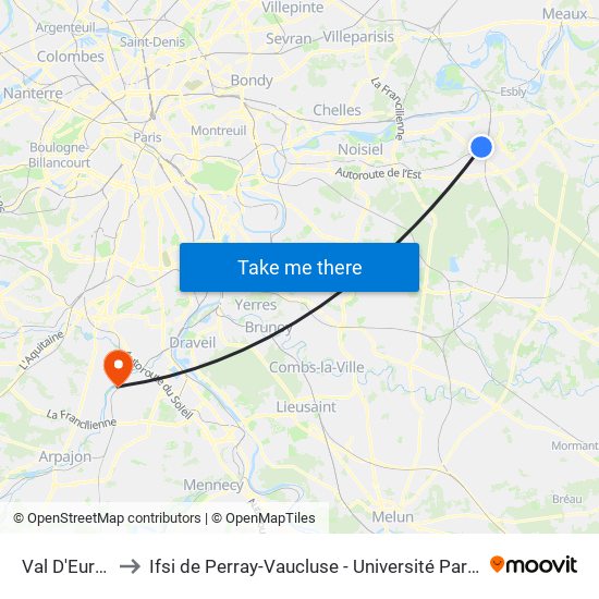 Val D'Europe to Ifsi de Perray-Vaucluse - Université Paris-Saclay map