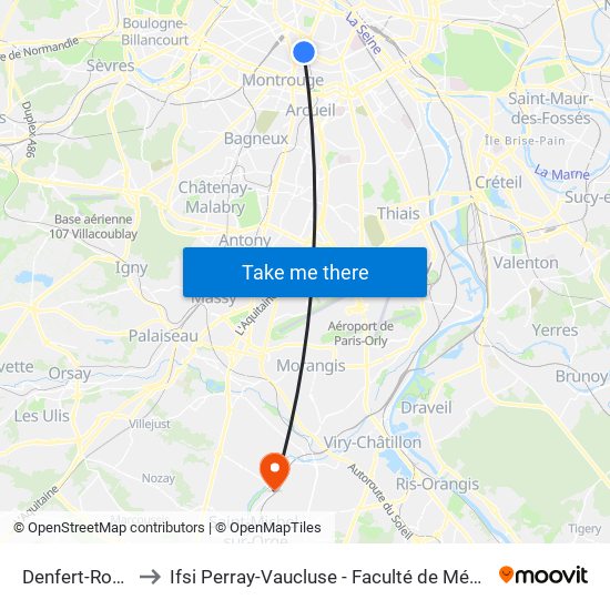 Denfert-Rochereau to Ifsi Perray-Vaucluse - Faculté de Médecine Paris-Saclay map