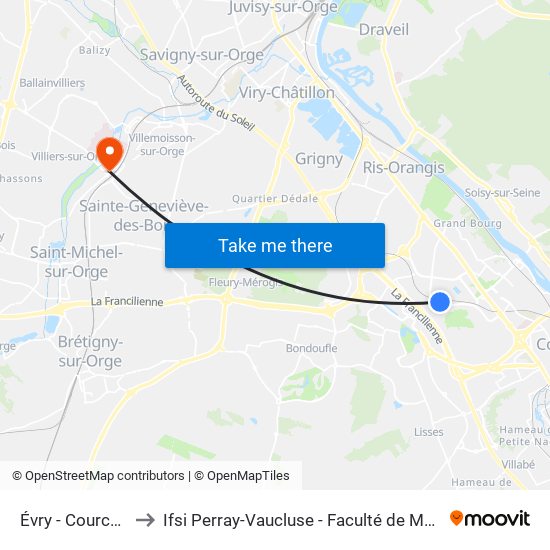 Évry - Courcouronnes to Ifsi Perray-Vaucluse - Faculté de Médecine Paris-Saclay map