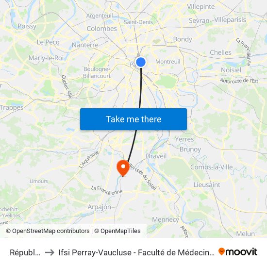 République to Ifsi Perray-Vaucluse - Faculté de Médecine Paris-Saclay map