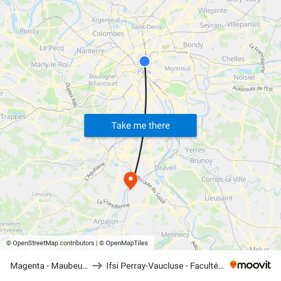 Magenta - Maubeuge - Gare du Nord to Ifsi Perray-Vaucluse - Faculté de Médecine Paris-Saclay map