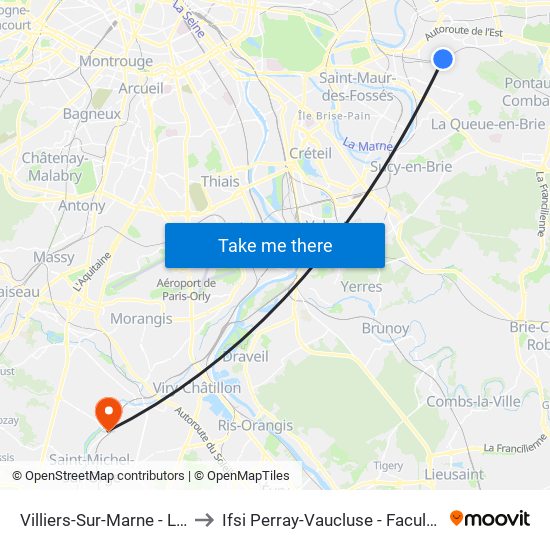 Villiers-Sur-Marne - Le Plessis-Trévise RER to Ifsi Perray-Vaucluse - Faculté de Médecine Paris-Saclay map