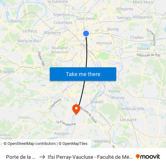 Porte de la Chapelle to Ifsi Perray-Vaucluse - Faculté de Médecine Paris-Saclay map