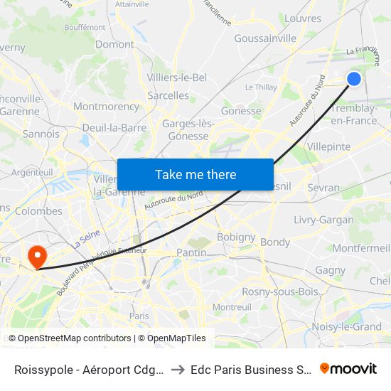 Roissypole - Aéroport Cdg1 (D3) to Edc Paris Business School map