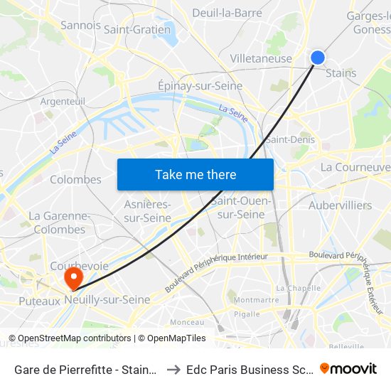 Gare de Pierrefitte - Stains RER to Edc Paris Business School map
