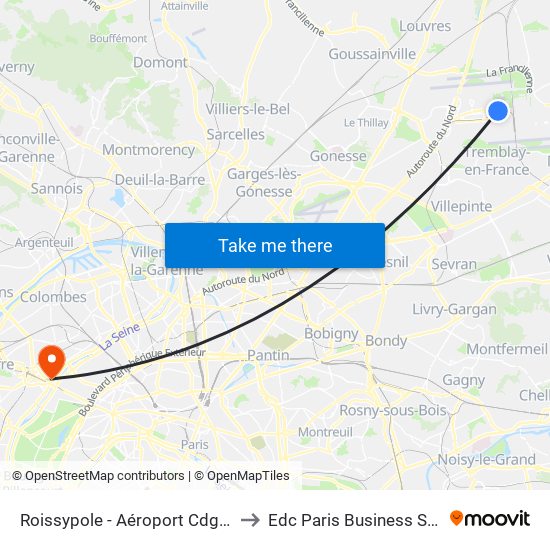 Roissypole - Aéroport Cdg1 (D1) to Edc Paris Business School map