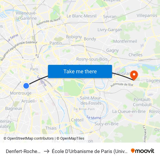 Denfert-Rochereau to École D’Urbanisme de Paris (Univ. Eiffel) map