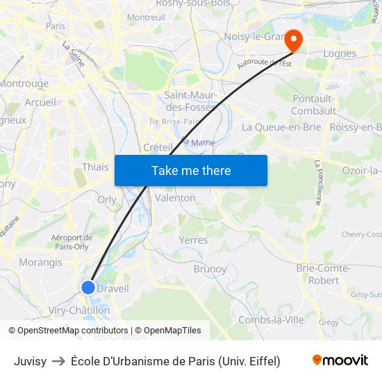 Juvisy to École D’Urbanisme de Paris (Univ. Eiffel) map