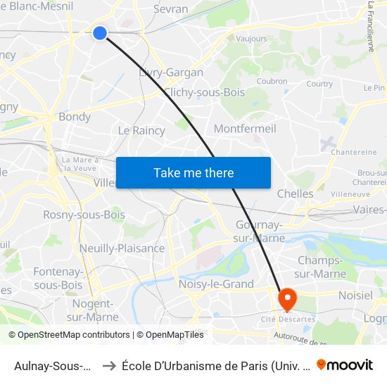 Aulnay-Sous-Bois to École D’Urbanisme de Paris (Univ. Eiffel) map