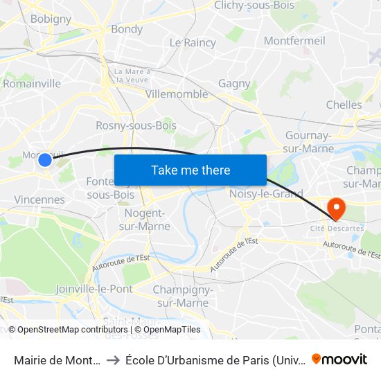 Mairie de Montreuil to École D’Urbanisme de Paris (Univ. Eiffel) map