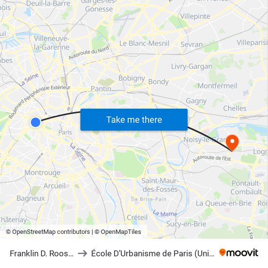 Franklin D. Roosevelt to École D’Urbanisme de Paris (Univ. Eiffel) map