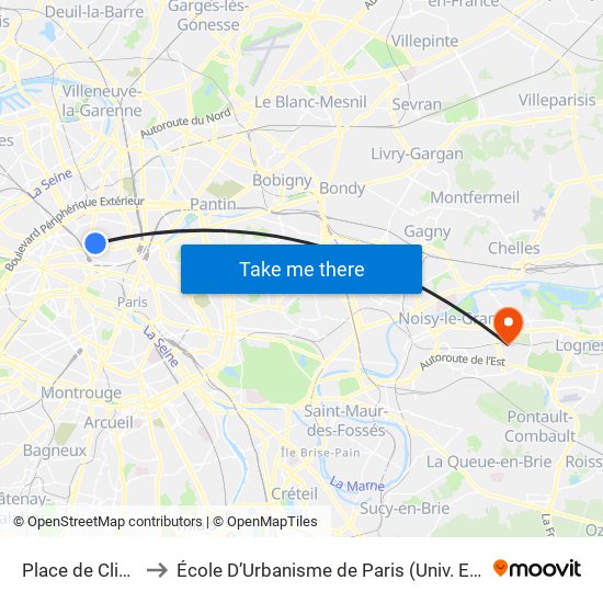 Place de Clichy to École D’Urbanisme de Paris (Univ. Eiffel) map