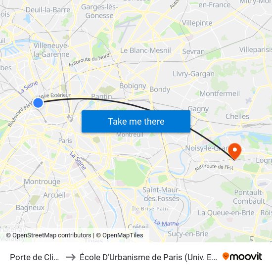 Porte de Clichy to École D’Urbanisme de Paris (Univ. Eiffel) map