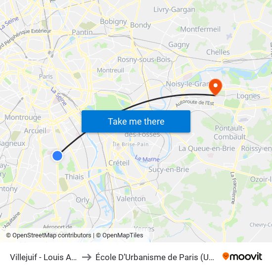 Villejuif - Louis Aragon to École D’Urbanisme de Paris (Univ. Eiffel) map
