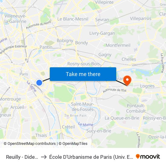 Reuilly - Diderot to École D’Urbanisme de Paris (Univ. Eiffel) map