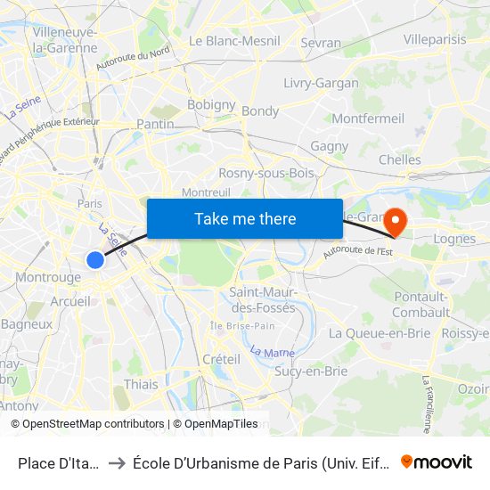 Place D'Italie to École D’Urbanisme de Paris (Univ. Eiffel) map