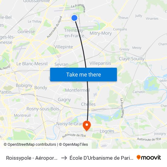 Roissypole - Aéroport Cdg1 (D3) to École D’Urbanisme de Paris (Univ. Eiffel) map