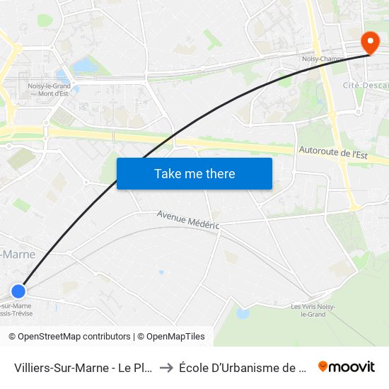 Villiers-Sur-Marne - Le Plessis-Trévise RER to École D’Urbanisme de Paris (Univ. Eiffel) map