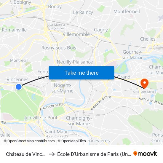 Château de Vincennes to École D’Urbanisme de Paris (Univ. Eiffel) map