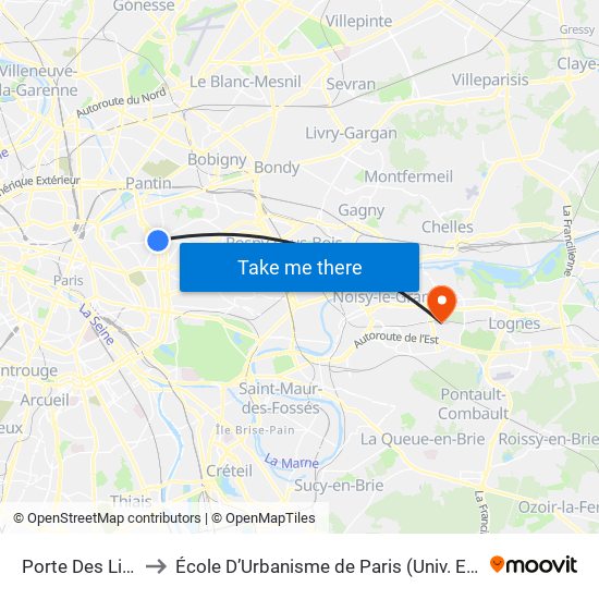 Porte Des Lilas to École D’Urbanisme de Paris (Univ. Eiffel) map