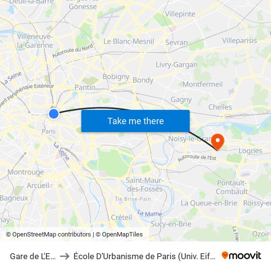 Gare de L'Est to École D’Urbanisme de Paris (Univ. Eiffel) map