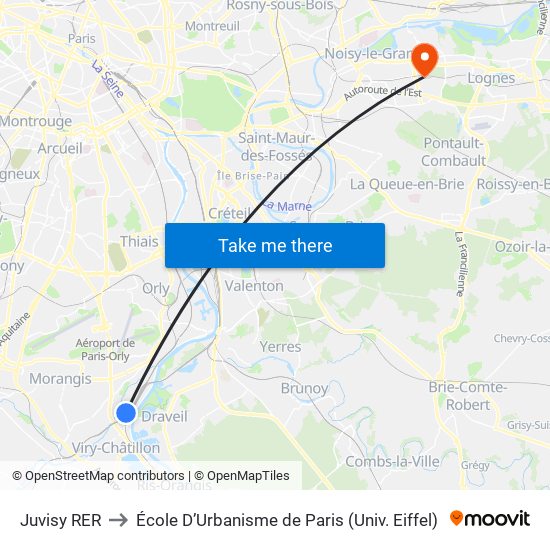 Juvisy RER to École D’Urbanisme de Paris (Univ. Eiffel) map