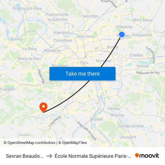 Sevran Beaudottes to École Normale Supérieure Paris-Saclay map