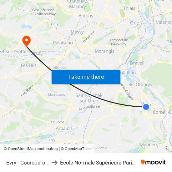 Évry - Courcouronnes to École Normale Supérieure Paris-Saclay map