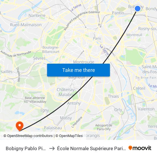 Bobigny Pablo Picasso to École Normale Supérieure Paris-Saclay map